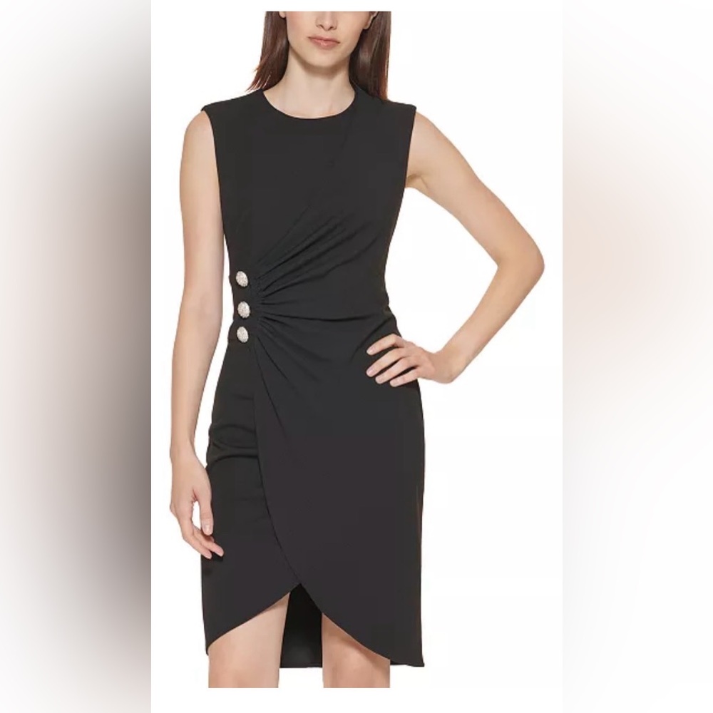 **NWOT** CALVIN KLEIN Ruched SHEATH Black Midi Dress with Side JEWELS sz8
